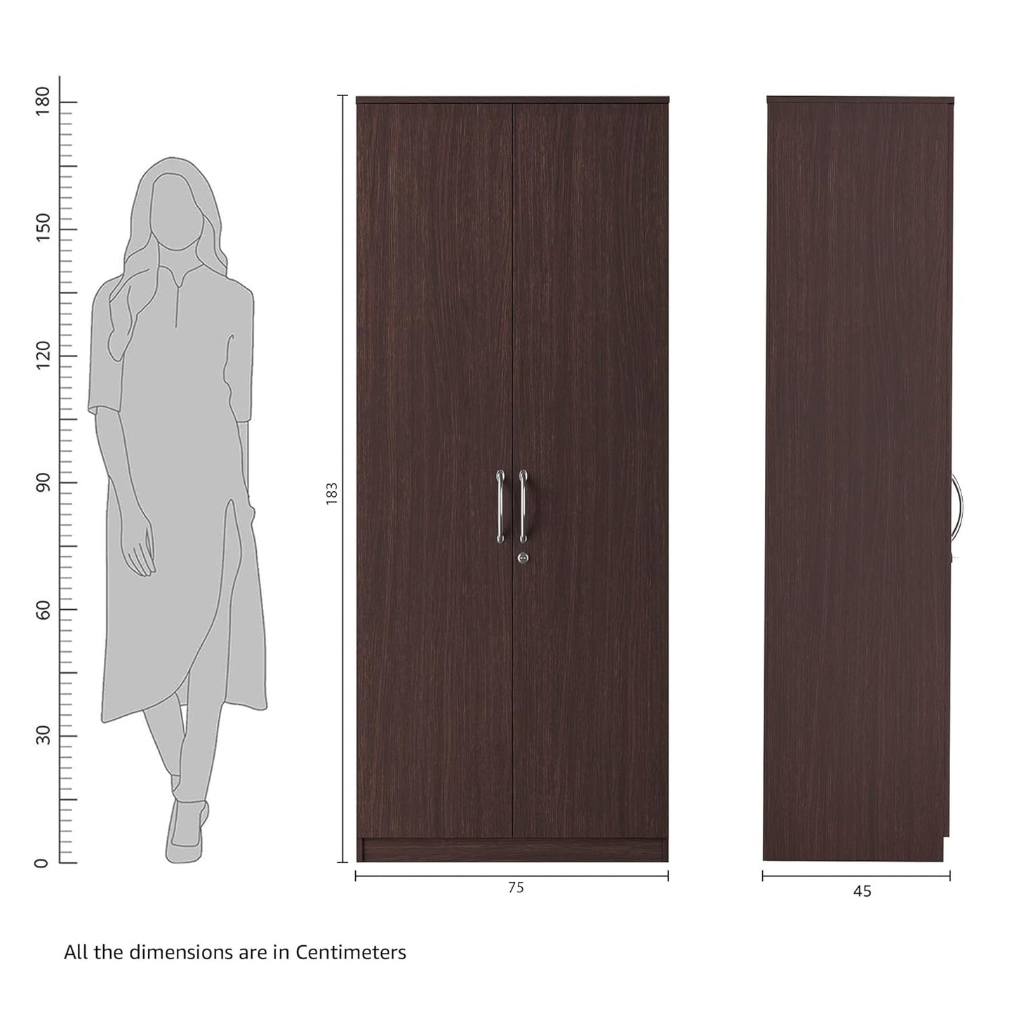 2-Door Engineered Wood Cupboard with Dark Walnut Matte Finish – Spacious, Durable, and Modern Design