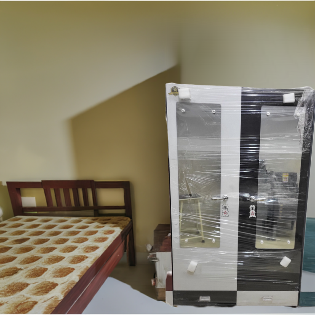 Asian Brand Heavy-Duty Powder-Coated Double-Door Almirah – Dual-Tone Black & White Design with Full-Length Mirrors